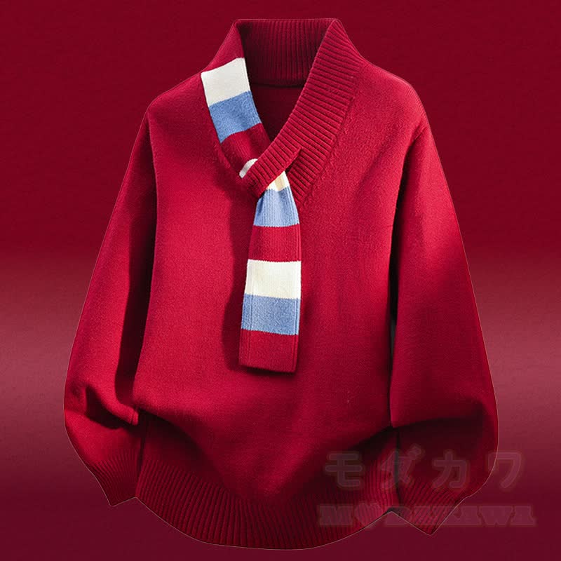 V-Neck Stripe Knit Sweater Color Block Fleece Lined Pants Two Pieces - Red Sweater - 4XL - image 5