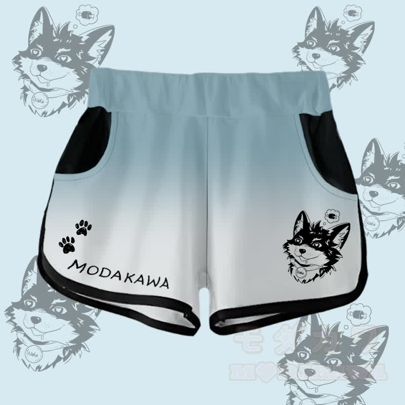 MODAKAWA Gradient Koda Thinking About Meat Graphic Shorts - Teal&White - 5XL - image 3