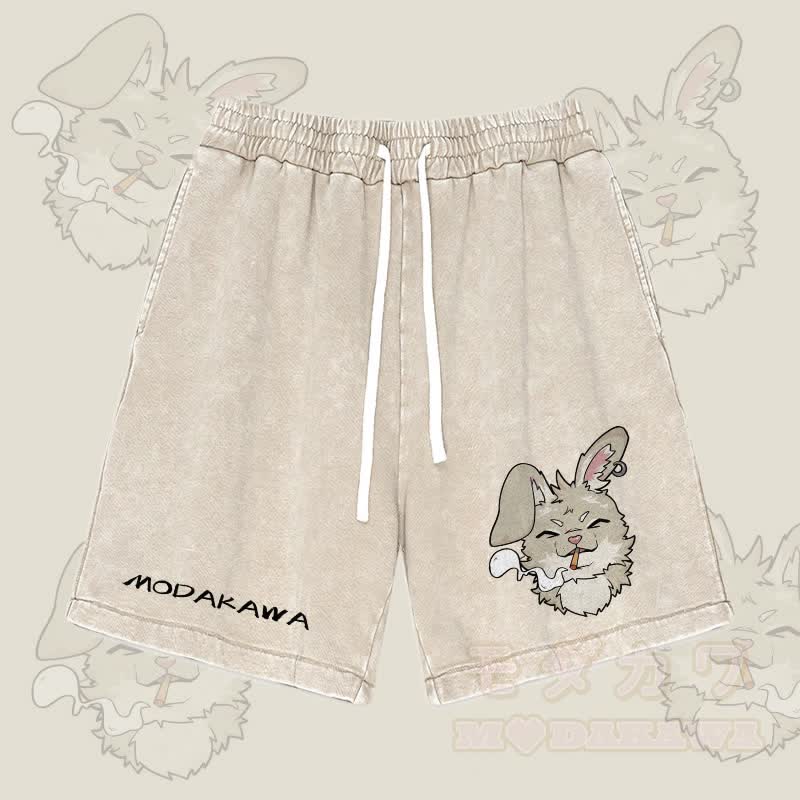 MODAKAWA Nabi Smoking Graphic Vintage Washed Streetwear Shorts - Apricot - 3XL - image 1