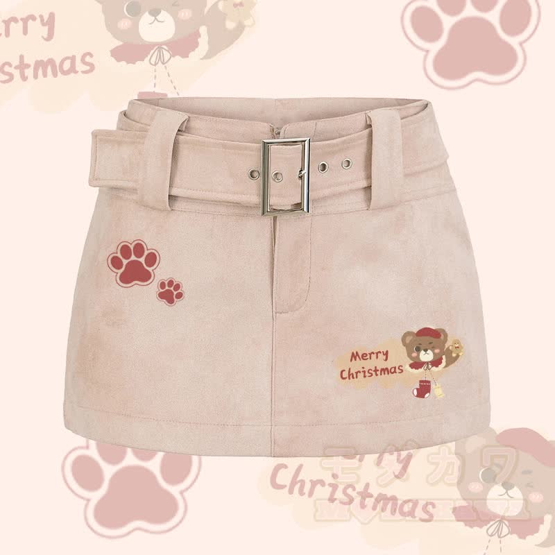 MODAKAWA Bear Holding Gingerbread Graphic Belted Mini Skirt - Pink - L - image 1