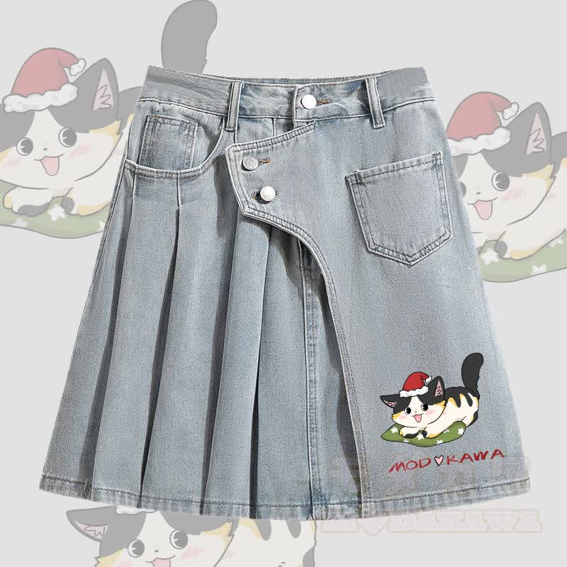 MODAKAWA Christmas Kitty Graphic Irregular Denim Pleated Skirt - Blue - 5XL - image 1