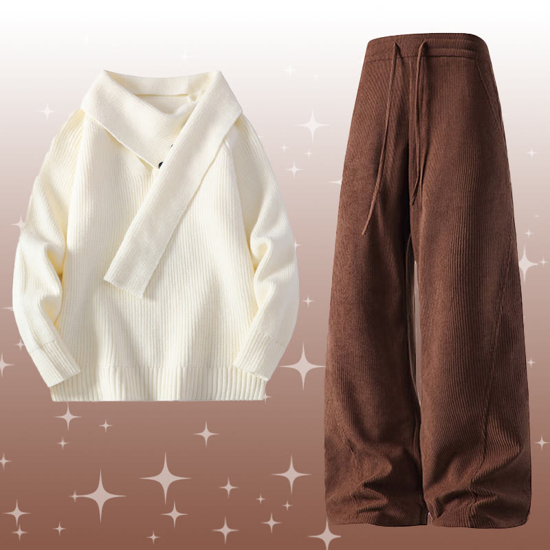 Irregular Knit Sweater Corduroy Pants Two Pieces - Set A - 4XL - image 1