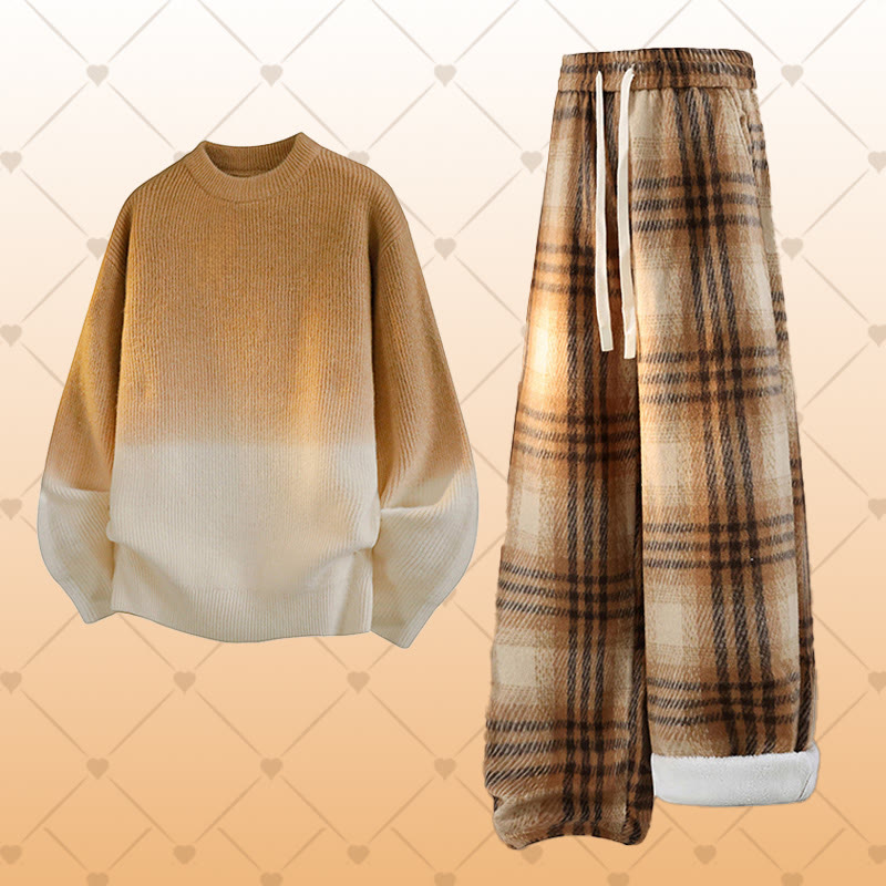Gradient Knit Sweater Plaid Fleece Lined Pants Two Pieces - Set A - 2XL - image 1