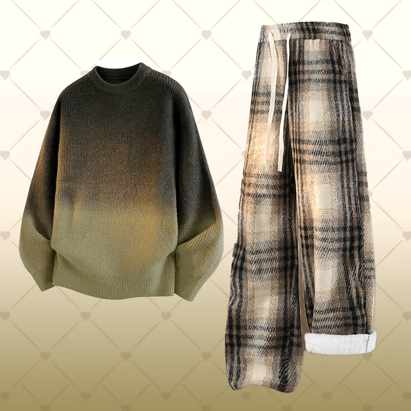 Gradient Knit Sweater Plaid Fleece Lined Pants Two Pieces - Set B - 2XL - image 2