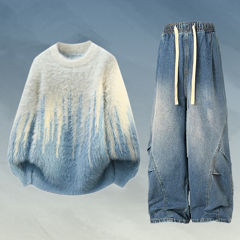 Fuzzy Knit Sweater Denim Pants Two Pieces - Set A - 2XL - image 1