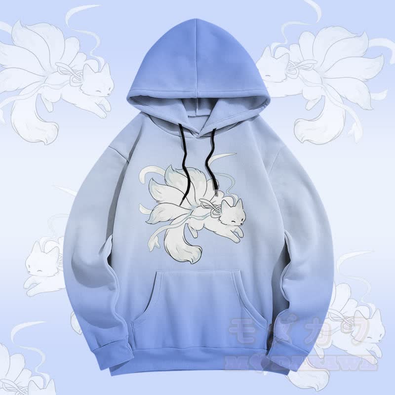 MODAKAWA Gradient Running Nine-Tailed Fox Graphic All Over Print Pullover Hoodie - Blue - 5XL - image 1