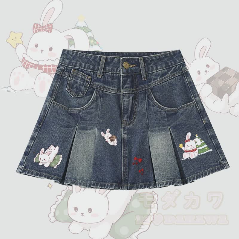 MODAKAWA Playful Bunny Graphic Denim Pleated Skirt - Dark Blue - 5XL - image 2