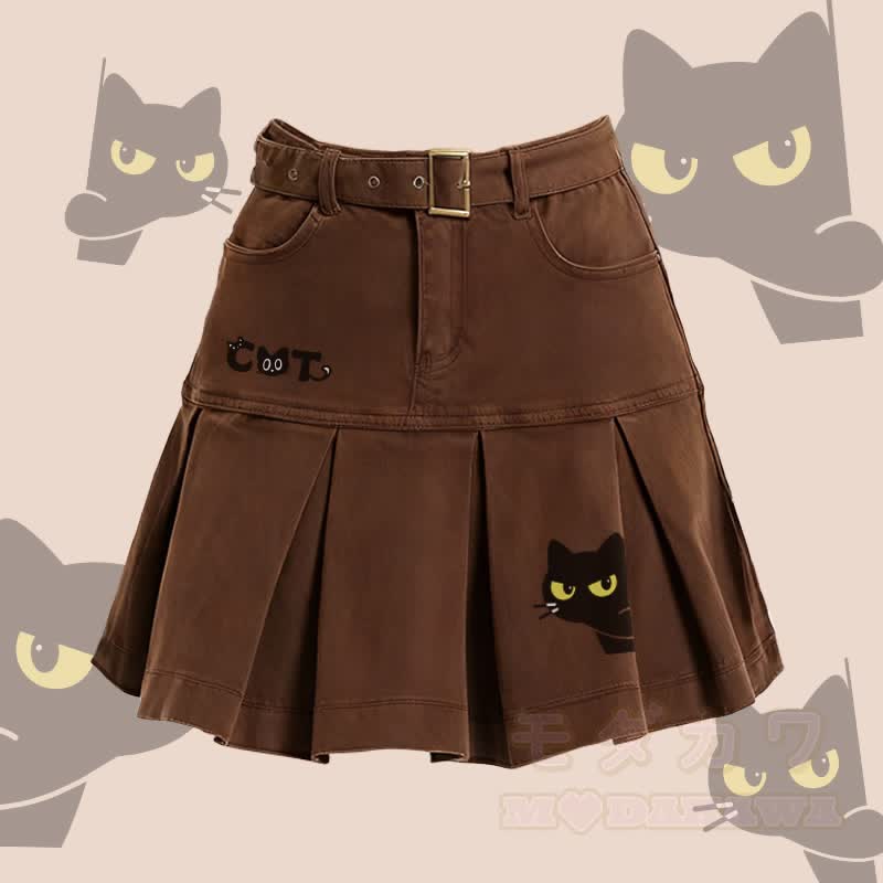 MODAKAWA Playful Black Cat Graphic Belt Pleated Skirt - Brown - 2XL - image 1