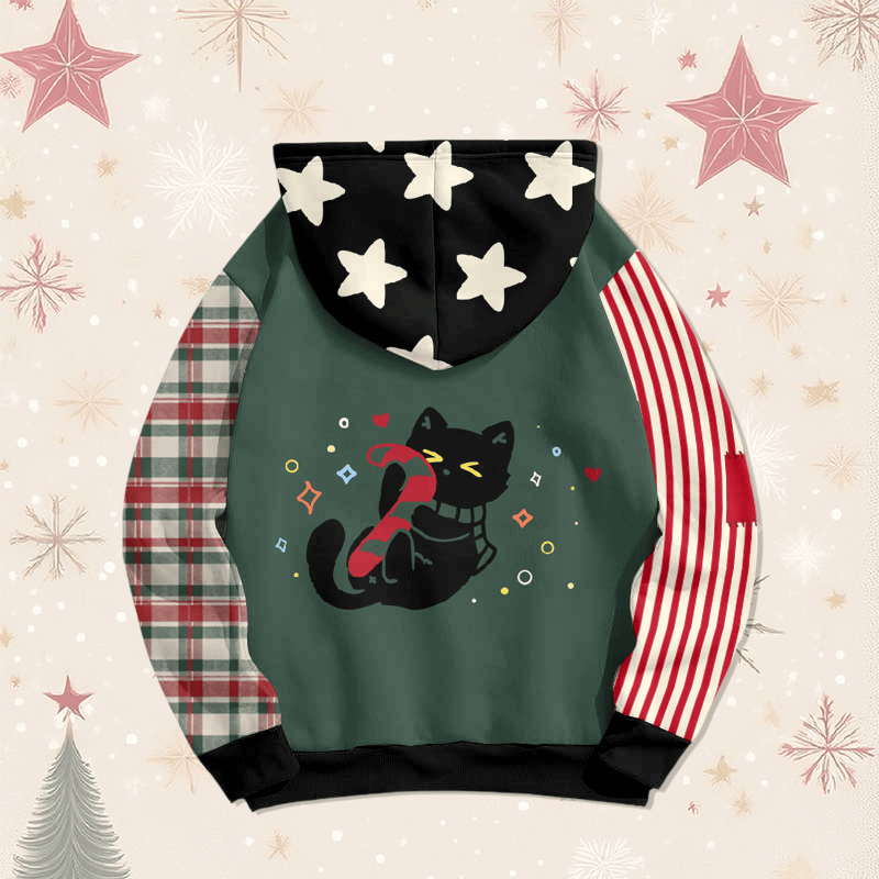 MODAKAWA Christmas Black Cat Holding A Candy Cane Graphic All Over Print Pullover Hoodie - image 3