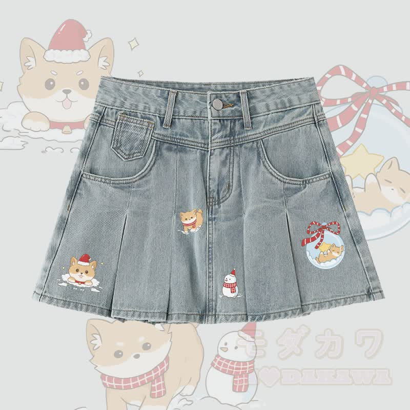 MODAKAWA Christmas Puppy Graphic Denim Pleated Skirt - Blue - 5XL - image 2