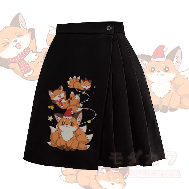 MODAKAWA Christmas Nine-tailed Fox Graphic Irregular Pleated Skirt - Black - L - image 2