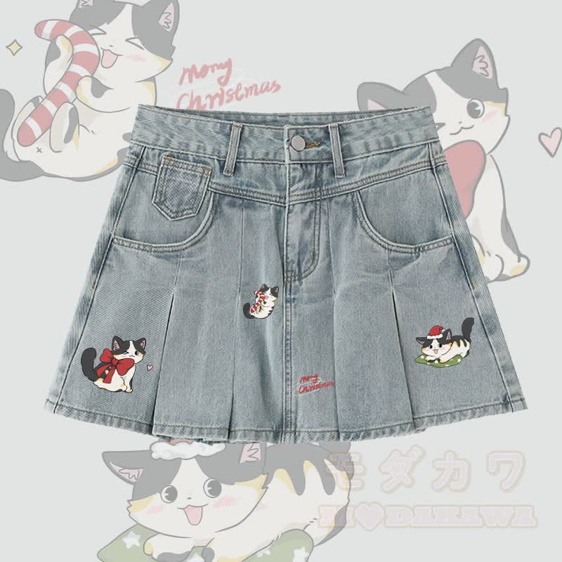 MODAKAWA Playful Christmas Black Cat Graphic Denim Pleated Skirt - Blue - 5XL - image 1