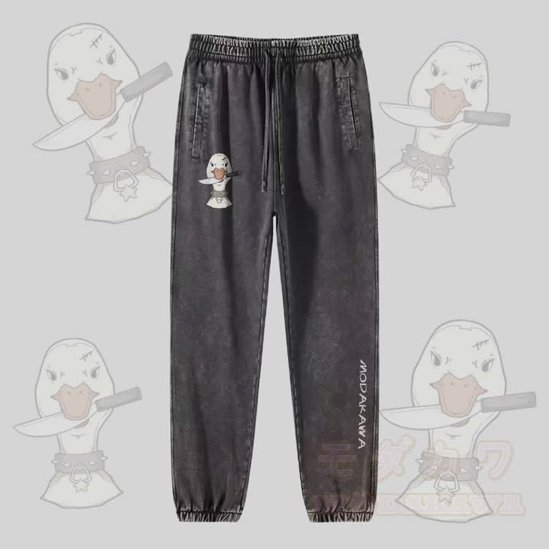 MODAKAWA Goose With Knife Graphic Vintage Washed Jogger Pants - Dark Grey - 2XL - image 4