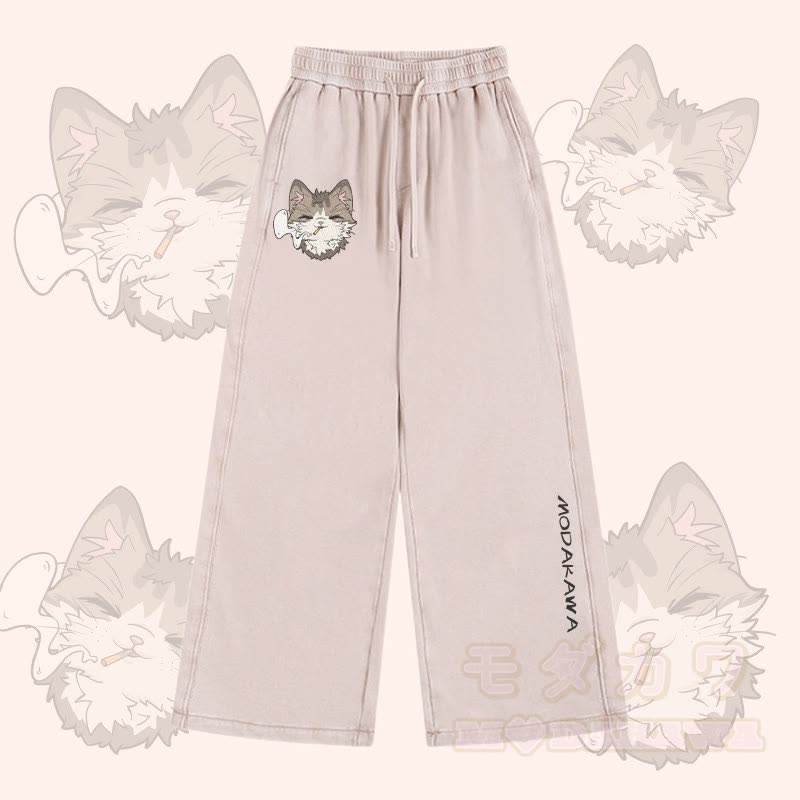 MODAKAWA Smoking Kitty Graphic Vintage Washed Adjustable Hem Pants - Apricot - 2XL - image 1