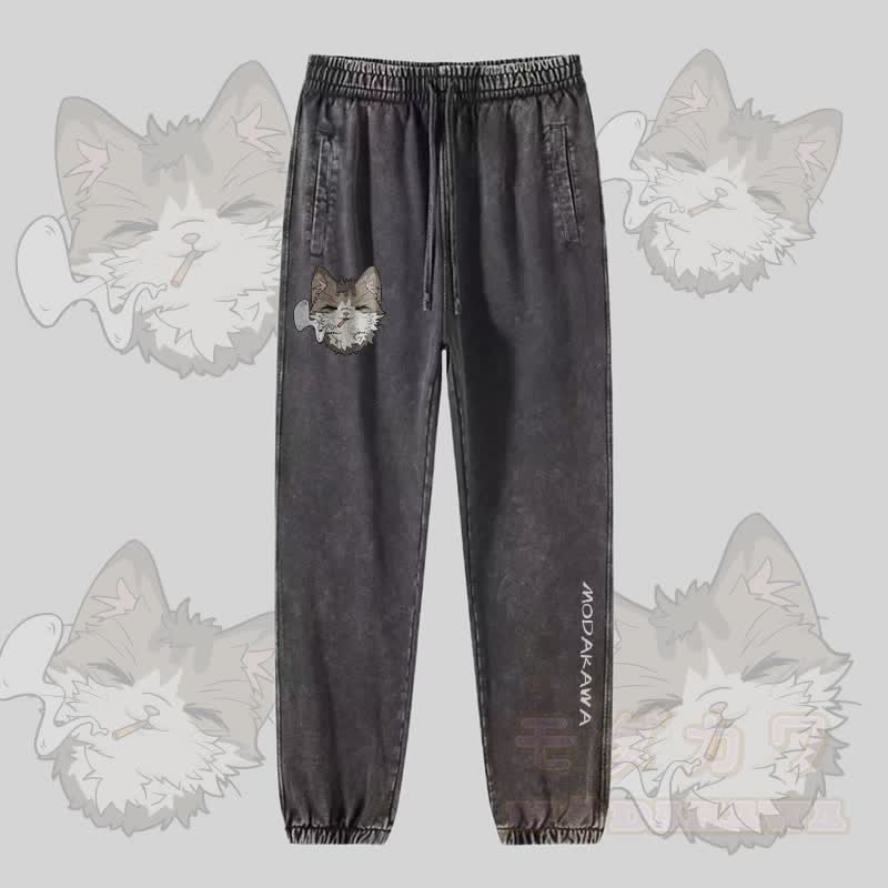 MODAKAWA Smoking Kitty Graphic Vintage Washed Jogger Pants - Dark Grey - 2XL - image 2