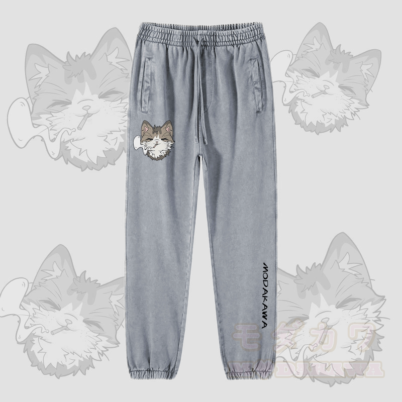 MODAKAWA Smoking Kitty Graphic Vintage Washed Jogger Pants - Grey - 2XL - image 3