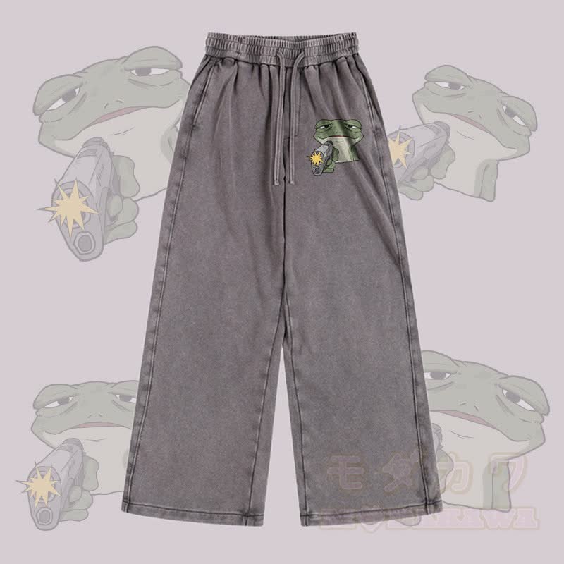 MODAKAWA Frog With Gun Graphic Vintage Washed Adjustable Hem Pants - Grey - 2XL - image 2