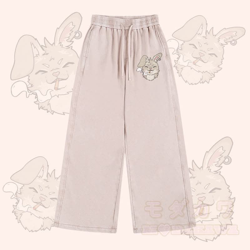 MODAKAWA Smoking Bunny Graphic Vintage Washed Adjustable Hem Pants - Apricot - 2XL - image 2