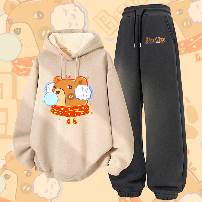 MODAKAWA Bubble Bear Graphic Thick Fleece Lined Hoodie Pants Two Pieces Set - Khaki&Dark Grey - 5XL - image 1