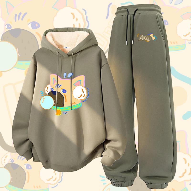 MODAKAWA Bubble Dog Graphic Thick Fleece Lined Hoodie Pants Two Pieces Set - Green - 5XL - image 1