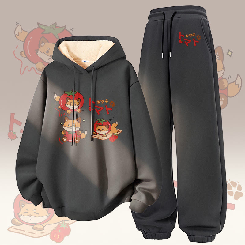MODAKAWA Tomato Fox Graphic Thick Fleece Lined Hoodie Pants Two Pieces Set - Dark Grey - 5XL - image 1