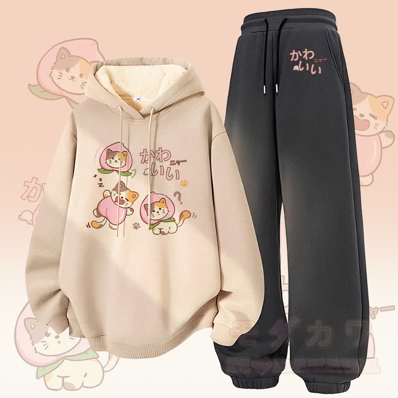 MODAKAWA Peach Cat Graphic Thick Fleece Lined Hoodie Pants Two Pieces Set - Apricot&Dark Grey - 5XL - image 1