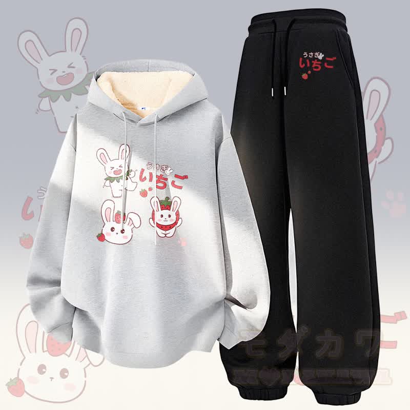 MODAKAWA Strawberry Bunny Graphic Thick Fleece Lined Hoodie Pants Two Pieces Set - Grey&Black - 5XL - image 2
