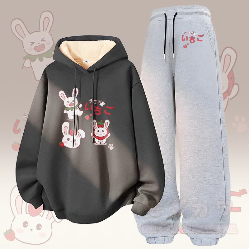 MODAKAWA Strawberry Bunny Graphic Thick Fleece Lined Hoodie Pants Two Pieces Set - Dark Grey&Grey - 5XL - image 1