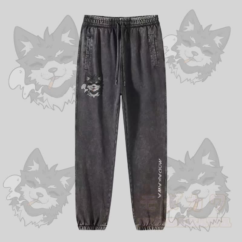 MODAKAWA Koda Smoking Puppy Graphic Vintage Washed Jogger Pants - Dark Grey - 2XL - image 2