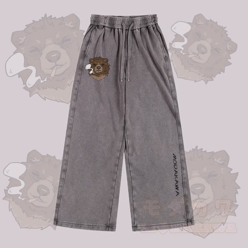 MODAKAWA Smoking Bear Graphic Vintage Washed Adjustable Hem Pants - Grey - 2XL - image 1