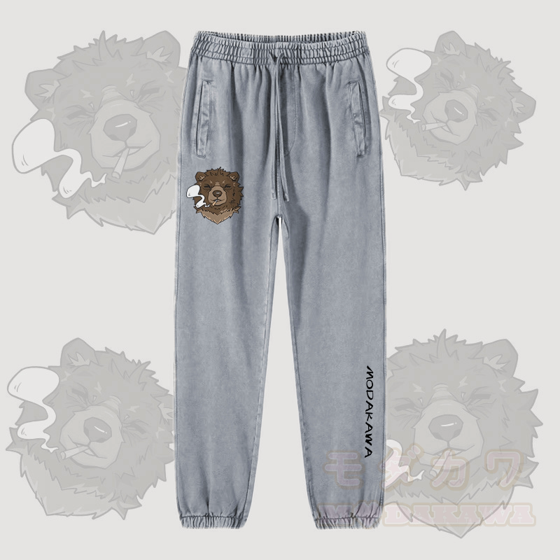 MODAKAWA Smoking Bear Graphic Vintage Washed Jogger Pants - Light Grey - 2XL - image 2