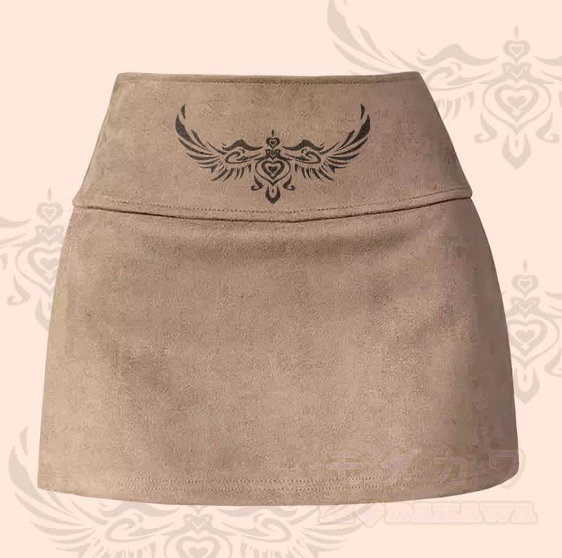 MODAKAWA Wing Heart Totem Graphic Slit Mini Skirt - Khaki - XL - image 1