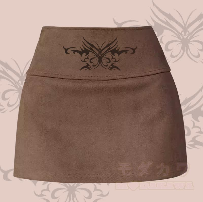 MODAKAWA Butterfly Totem Graphic Slit Mini Skirt - Brown - XL - image 1