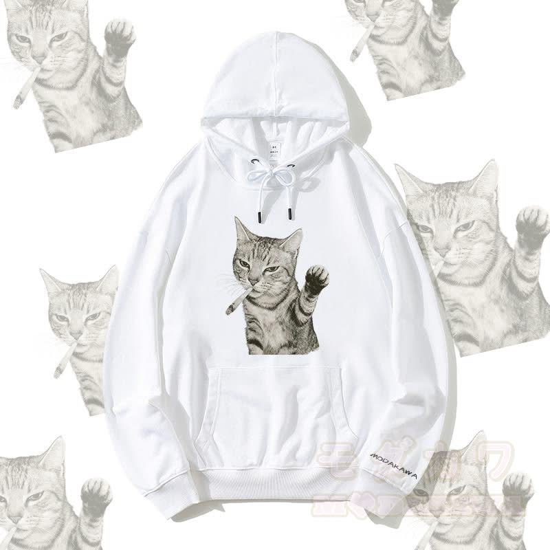 MODAKAWA Smoking Cat Graphic Streetwear Pullover Hoodie - White - 5XL - image 2