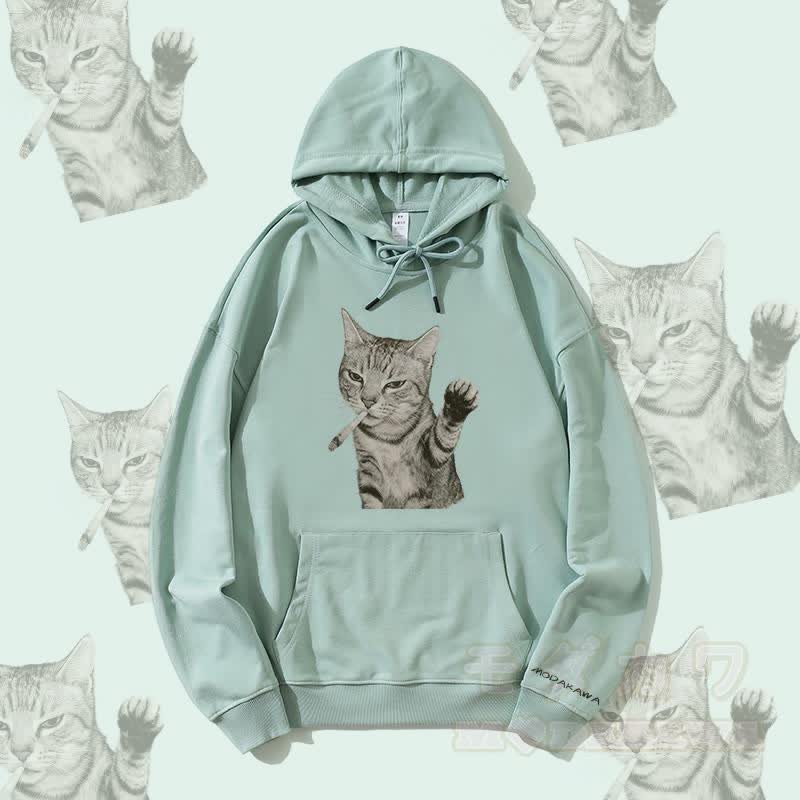 MODAKAWA Smoking Cat Graphic Streetwear Pullover Hoodie - Green - 5XL - image 1