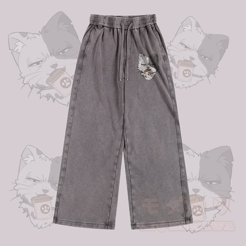 MODAKAWA Cat Holding Can Graphic Vintage Washed Adjustable Hem Pants - Grey - 2XL - image 2