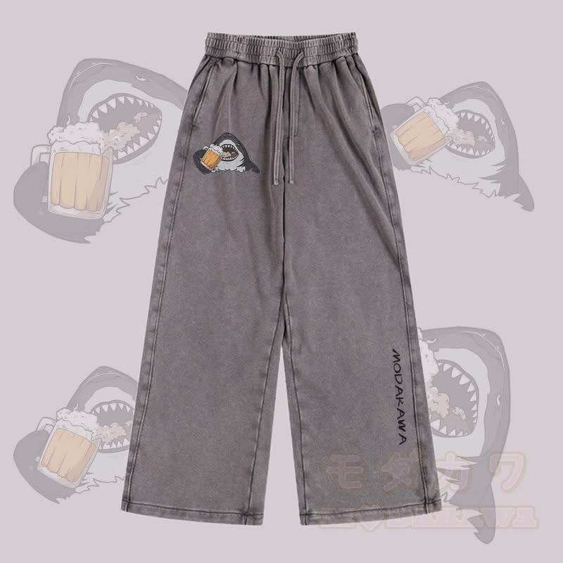 MODAKAWA Shark Drinking Beer Graphic Vintage Washed Adjustable Hem Pants - Grey - 2XL - image 2