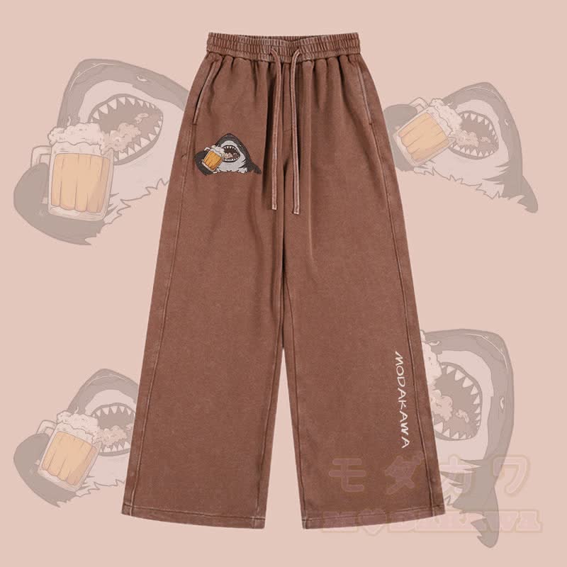 MODAKAWA Shark Drinking Beer Graphic Vintage Washed Adjustable Hem Pants - Brown - 2XL - image 1