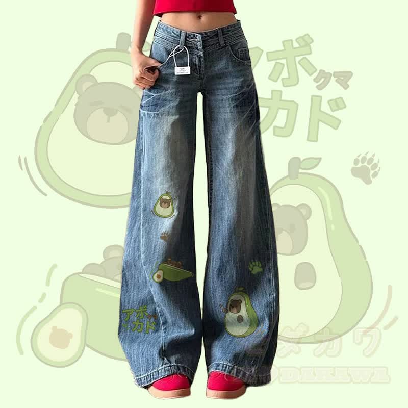 MODAKAWA Avocado Bear Graphic Wide Leg Denim Pants - Blue - XL - image 1