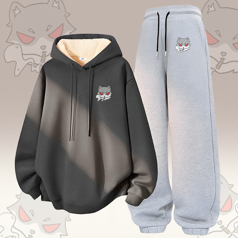 MODAKAWA Smoking Wolf Graphic Thick Fleece Lined Hoodie Pants Two Pieces Set - Dark Grey&Grey - 5XL - image 1
