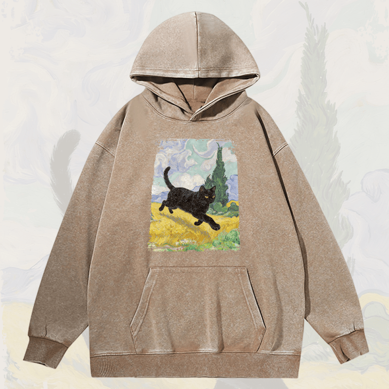 MODAKAWA Unisex Vintage Washed Hoodie Walking Black Cat Graphic Pullover - Khaki - 2XL - image 1