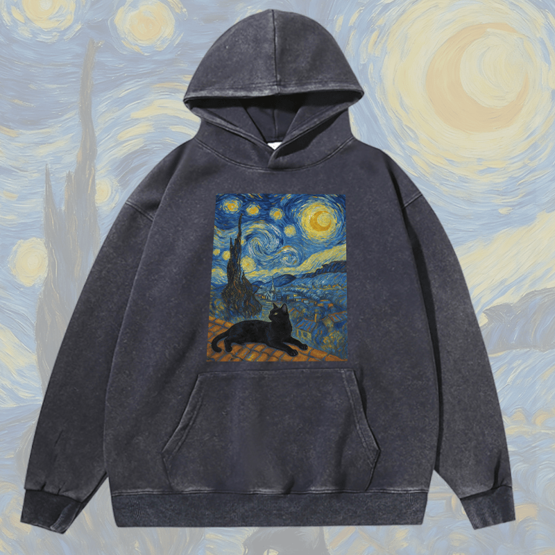 MODAKAWA Unisex Vintage Washed Hoodie Black Cat Under the Night Sky Graphic Pullover - Purplish Blue - 2XL - image 1