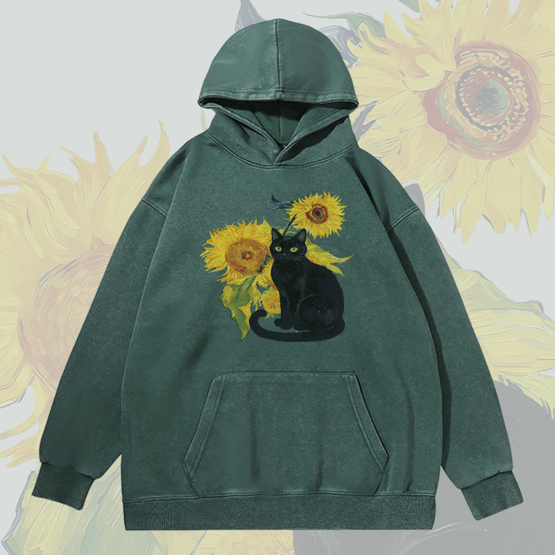 MODAKAWA Unisex Vintage Washed Hoodie Black Cat and Sunflowers Graphic Pullover - Green - 2XL - image 1