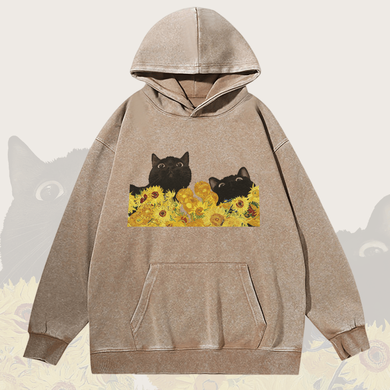 MODAKAWA Unisex Vintage Washed Hoodie Black Cats Among Sunflowers Graphic Pullover - Khaki - 2XL - image 1