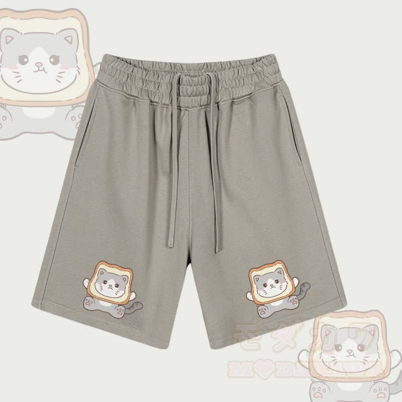 MODAKAWA Toast Cat Graphic Drawstring Shorts - Grey Brown - 2XL - image 1