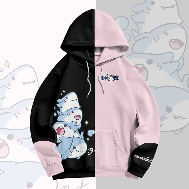 MODAKAWA Color Block Playful Shark Graphic All Over Print Pullover Hoodie - Black&Pink - 8XL - image 4