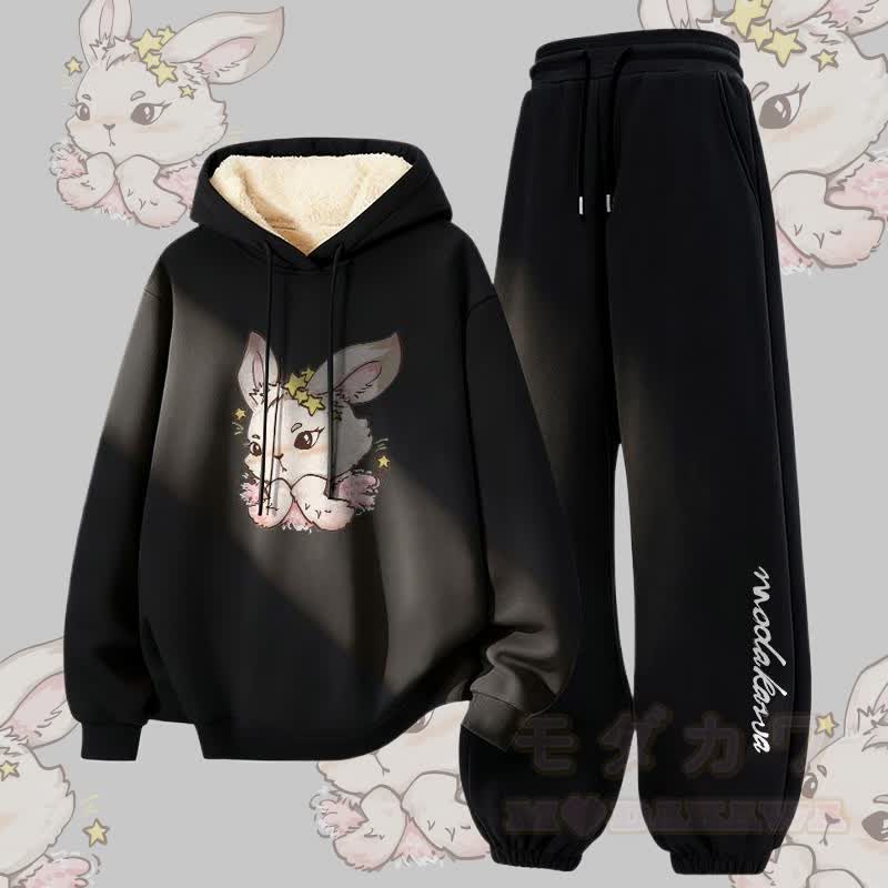 MODAKAWA Star Bunny Graphic Thick Fleece Lined Hoodie Pants Two Pieces Set - Black - 5XL - image 4