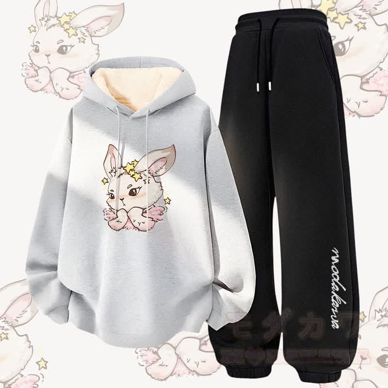 MODAKAWA Star Bunny Graphic Thick Fleece Lined Hoodie Pants Two Pieces Set - Grey&Black - 5XL - image 2