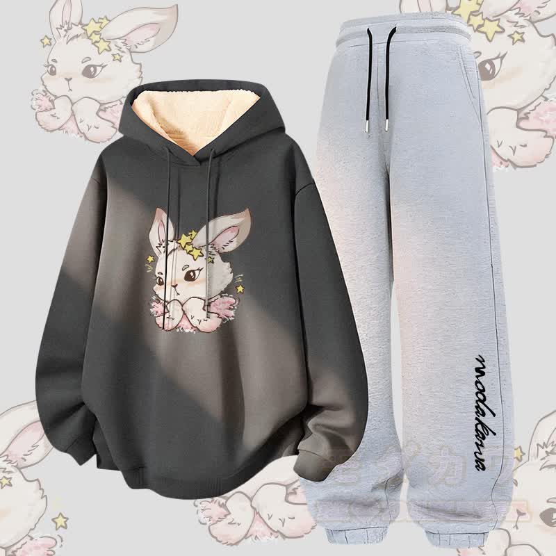 MODAKAWA Star Bunny Graphic Thick Fleece Lined Hoodie Pants Two Pieces Set - Dark Grey&Grey - 5XL - image 1