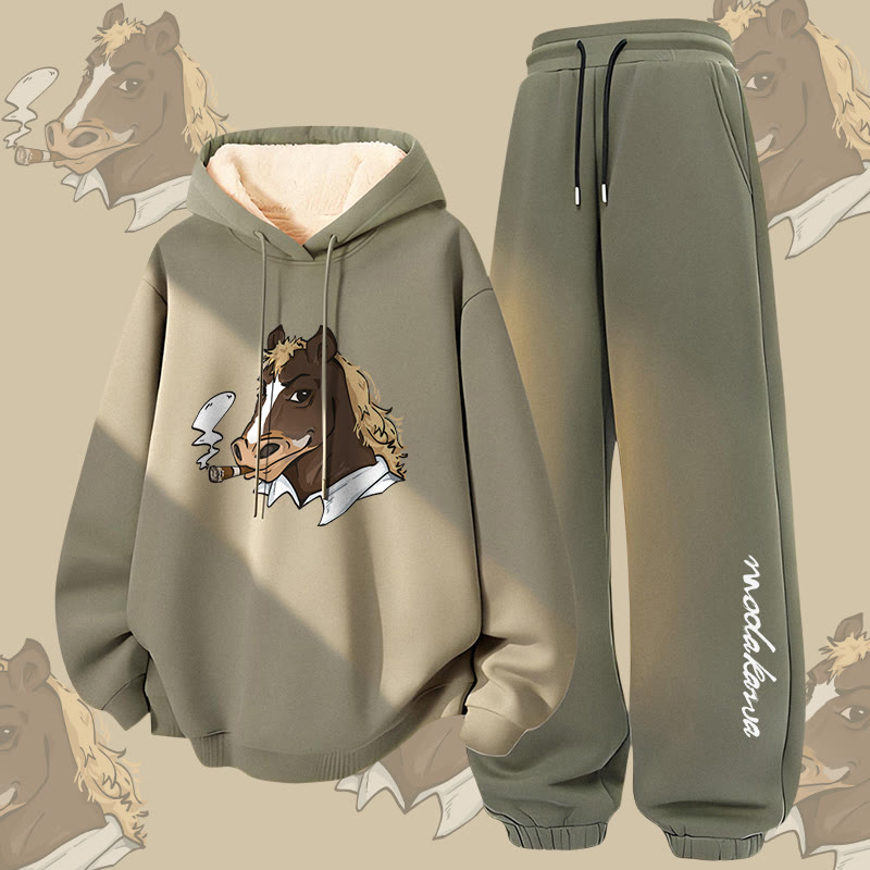 MODAKAWA Smoking Horse Graphic Thick Fleece Lined Hoodie Pants Two Pieces Set - Green - 5XL - image 1